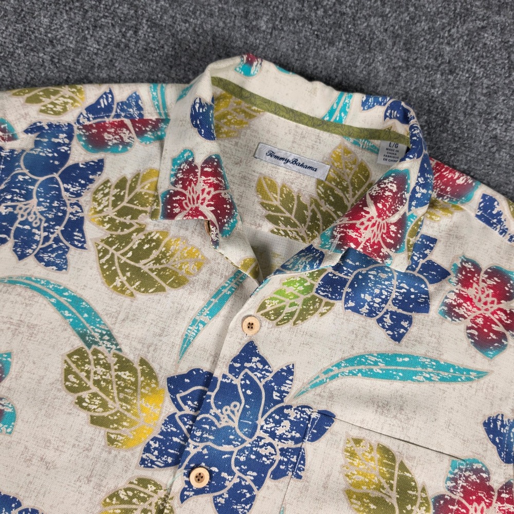 Tommy Bahama Button Down Shirt Mens L Beige Floral Silk Blend Short Sleeve